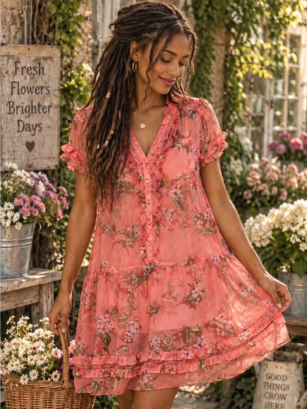 Coral Pink Floral Sheer Ruffle Tunic Blouse Short Sleeve Boho Romantic Top